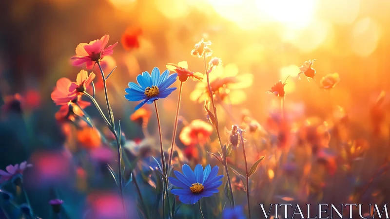 Backlit wildflower meadow in warm bokeh glow, digital painting.