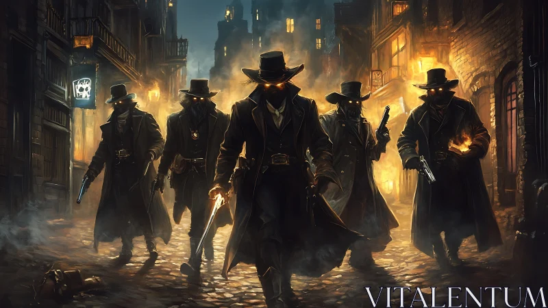 Masked gunmen in long coats on firelit cobblestone street.