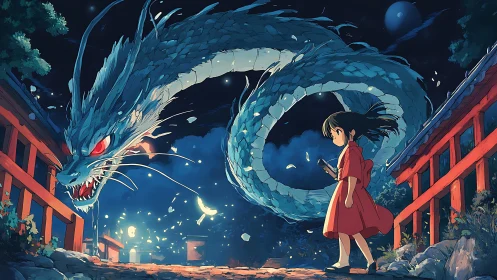 Anime nightscape with serpentine spirit dragon and shrine gates.