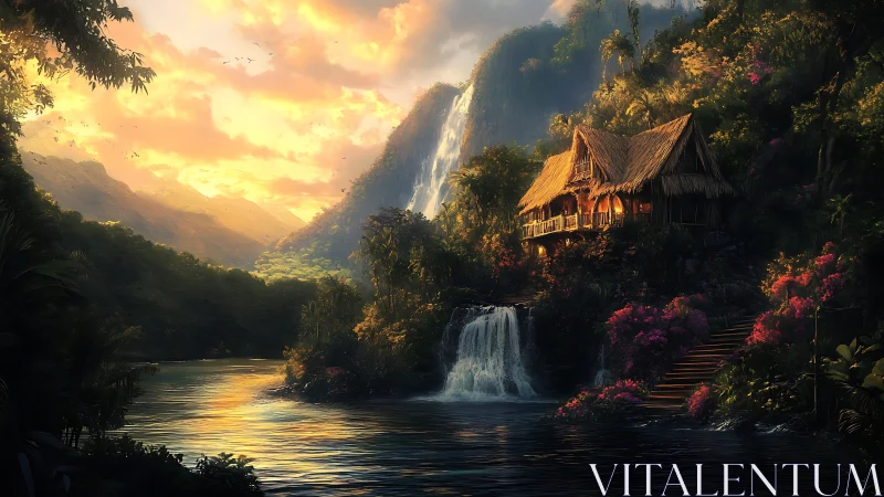 Thatched wooden house overlooks waterfalls and river at sunset