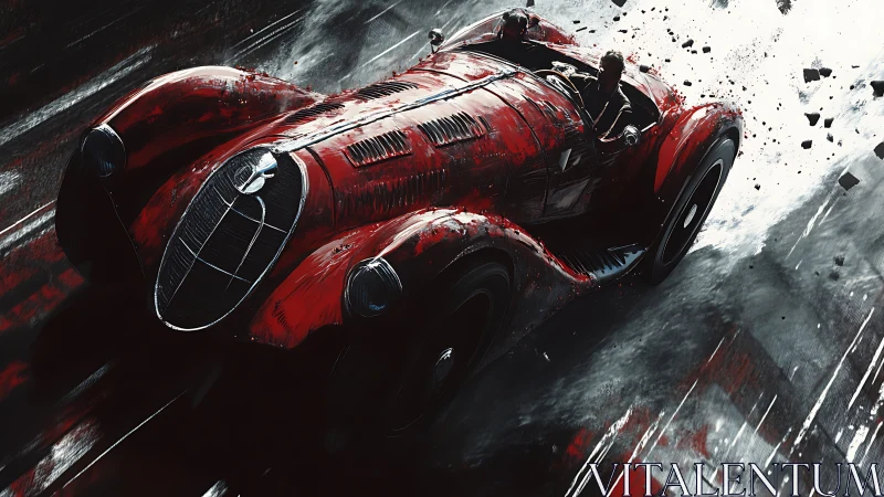 Crimson vintage race car storms fractured wet asphalt.
