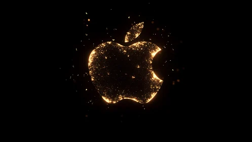 Glowing apple-shaped emblem shimmers in golden sparks.