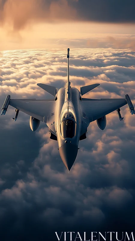 Modern jet fighter aircraft flies above dense cloud layer