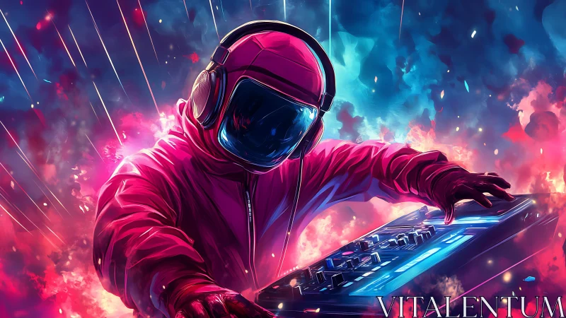 DJ in reflective helmet operates mixer in neon vaporwave scene