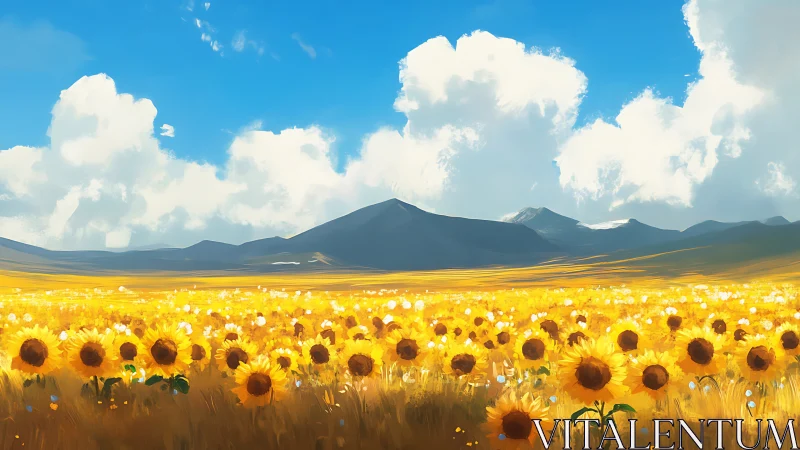 Sunlit sunflower array before distant alpine ridgeline panorama.