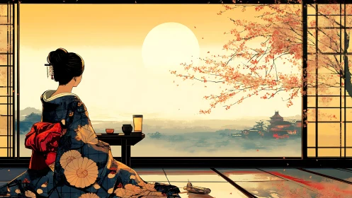 Geisha in kimono observing sunset over distant temple.