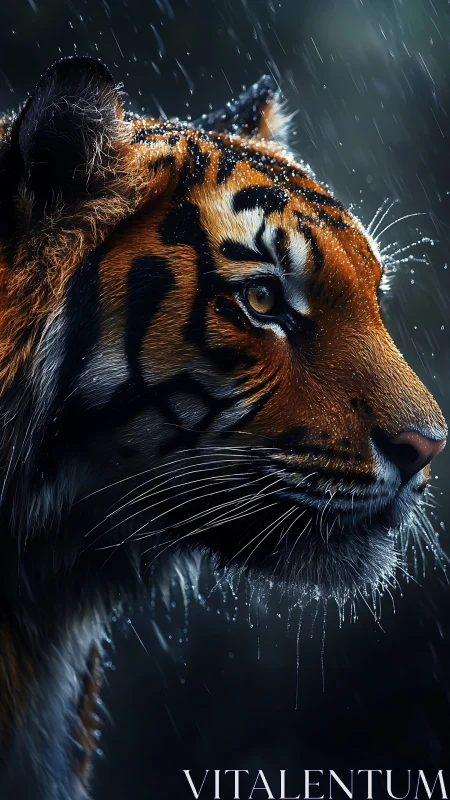 Tiger profile in rain with detailed fur and droplets.
