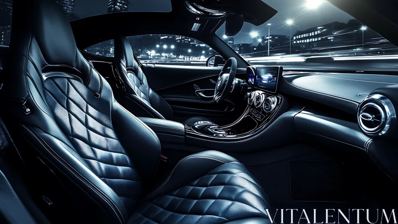 Luxury sports car interior at night with city lights view.