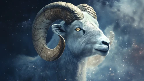 Golden-eyed celestial ram gazes calmly through starlit sky