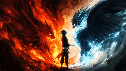 Central figure stands between opposing fiery and icy entities