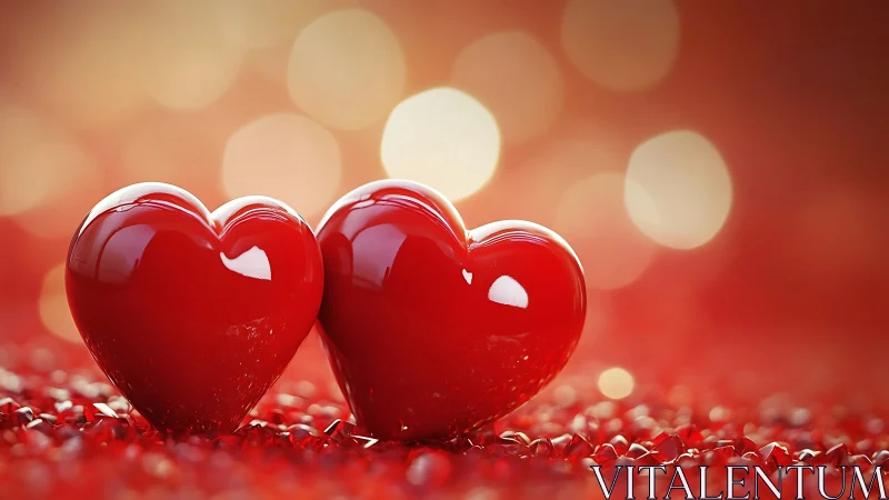Twin glossy hearts positioned centrally with luminous bokeh background and scattered sparkle particl
