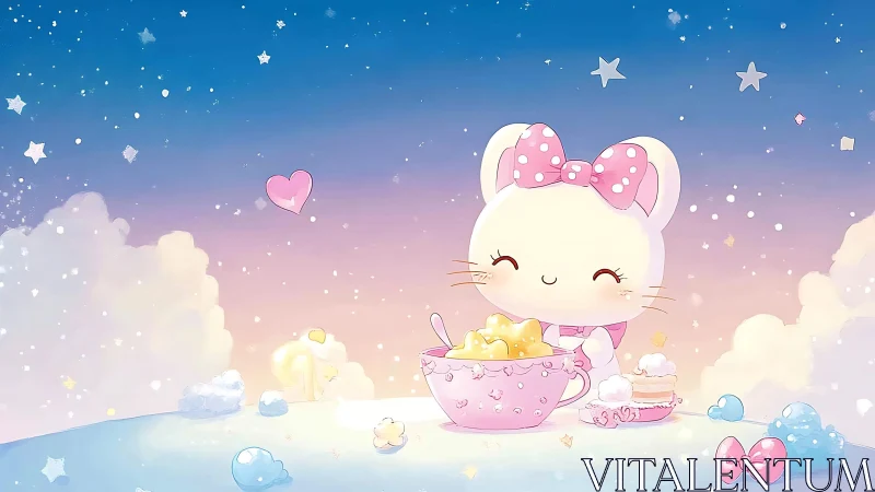Cute pastel mouse enjoys starry tea in dreamy skyland.