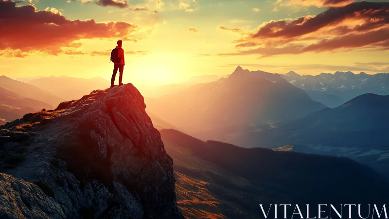 Sunlit mountaineer on rocky summit ridge at golden hour.