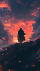 Lone cloaked warrior silhouetted against blazing crimson sky.
