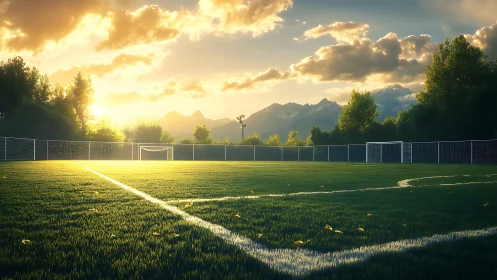 Sunlit mountain soccer field glowing with evening promise.