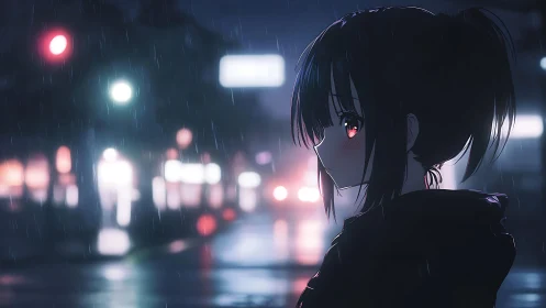 Side-profile anime figure stands on wet street at night
