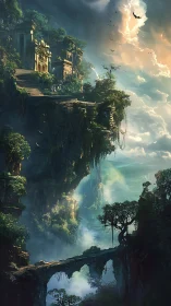Ancient cliffside citadel rises above a misty fantasy valley.