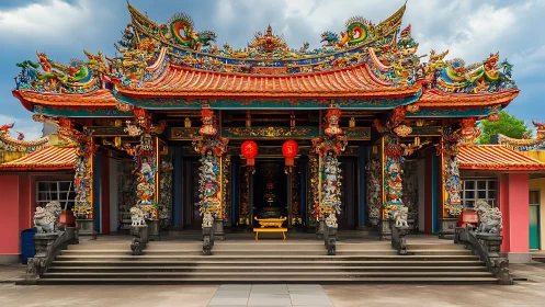 Colorful temple entrance alive with dragons and carved stories.