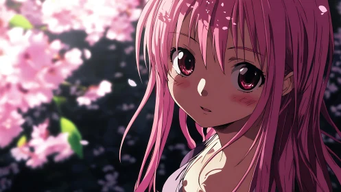 Pink haired anime girl glowing softly under cherry blossoms.