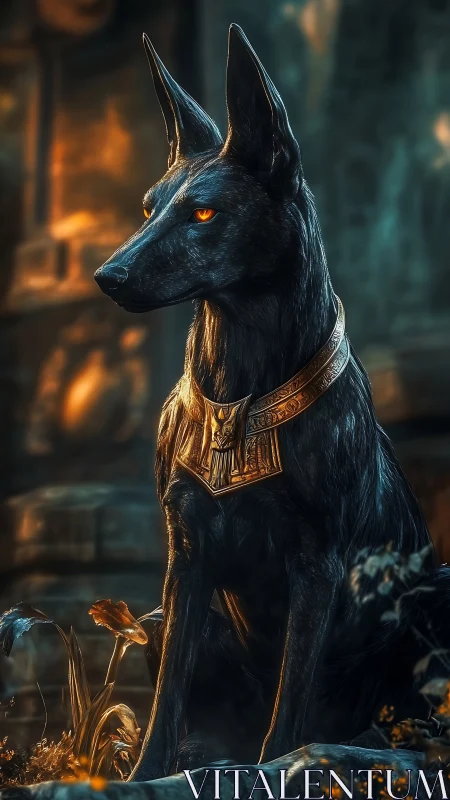 Regal jackal guardian watches over ancient ruins at dusk.