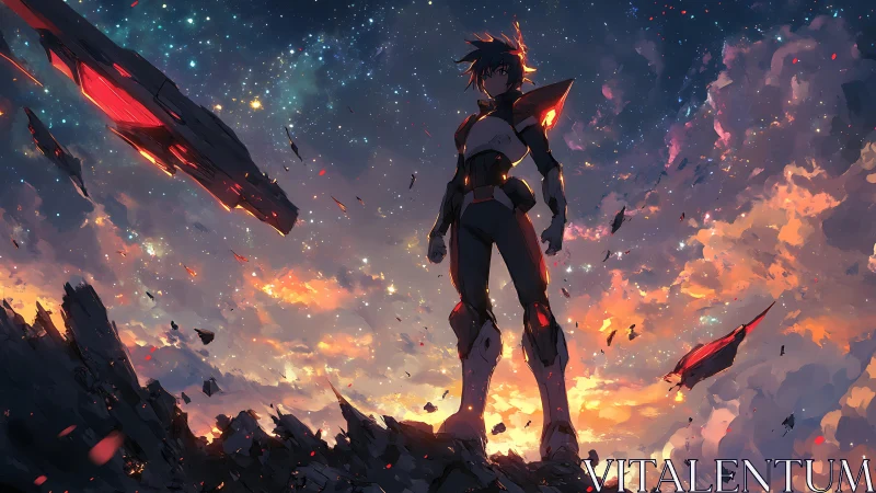 Armored anime hero standing on shattered sci fi world.