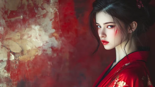 Digital portrait of woman in red kimono against abstract red wall.
