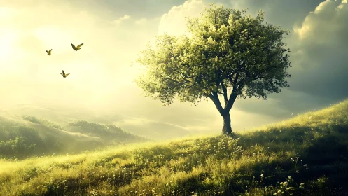 Lone blossoming tree on sunlit hill in dreamy landscape style.
