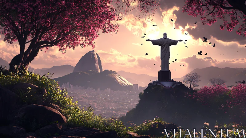 Christ monument above Rio landscape with flowering trees.