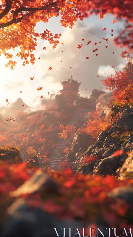 Scarlet leaves whirl toward a misty mountain temple at dusk