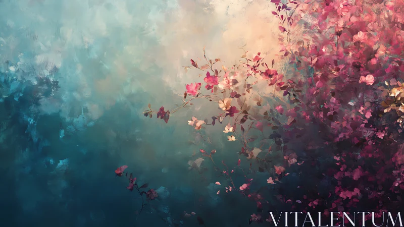 Soft dawn blossoms drift gently across a dreamy sky