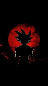 Silhouetted warrior stands before a distressed blood-red moon