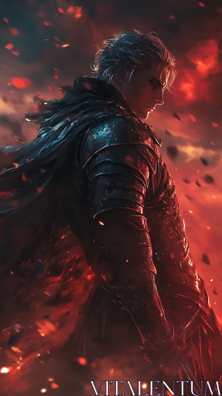 Lone silver‑haired warrior stands amid swirling embers.