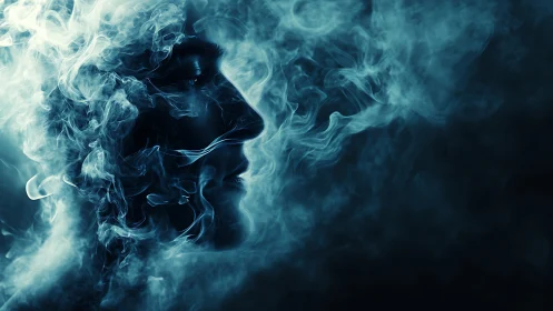 Human face silhouette formed by swirling blue smoke.