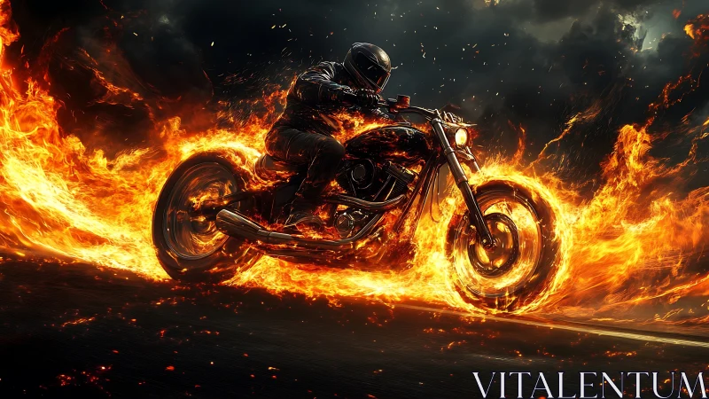 Motorcyclist on burning bike against dark stormy backdrop.