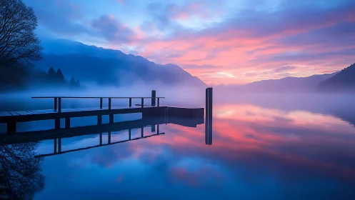 Peaceful lakeside pier under a soft pink and blue sunrise.
