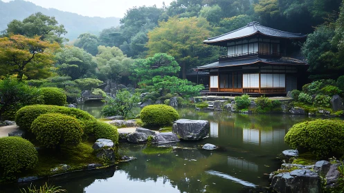 Zen pavilion guarding a mirror-still moss garden pond.