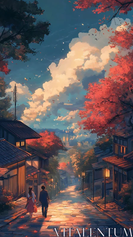 Autumn-lit stone alley with sunset cloudscape perspective study.