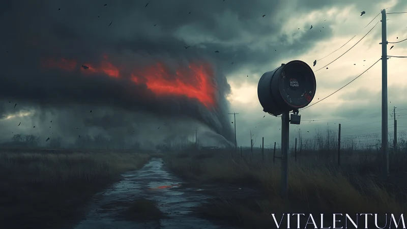 Storm siren watches a burning tornado cross the empty fields