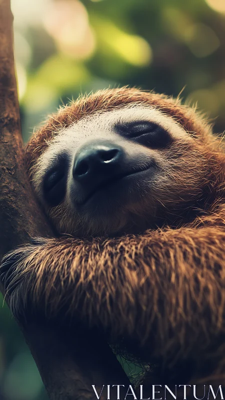 Sloth clings to tree branch with closed eyes and relaxed face