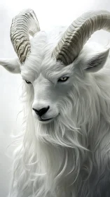 White long-haired goat portrait with curved horns.