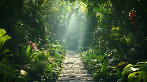 Sunlit forest pathway through dense tropical vegetation.