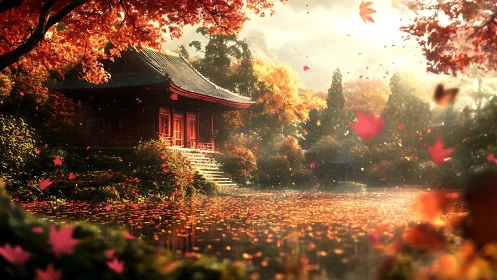 Digital painting of autumn temple garden with reflective pond.