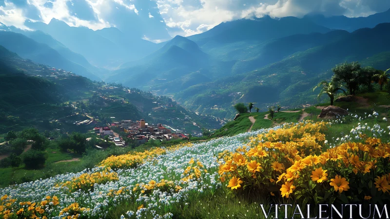 Mountain valley village below wildflower hillside meadow.