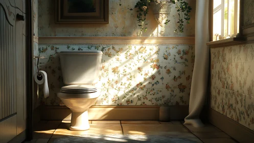 Sunlit vintage bathroom with floral wallpaper and ceramic toilet