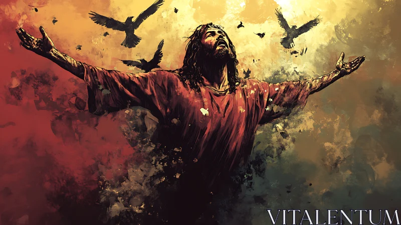 Digital painting of exalted robed figure amid dappled sky drama.