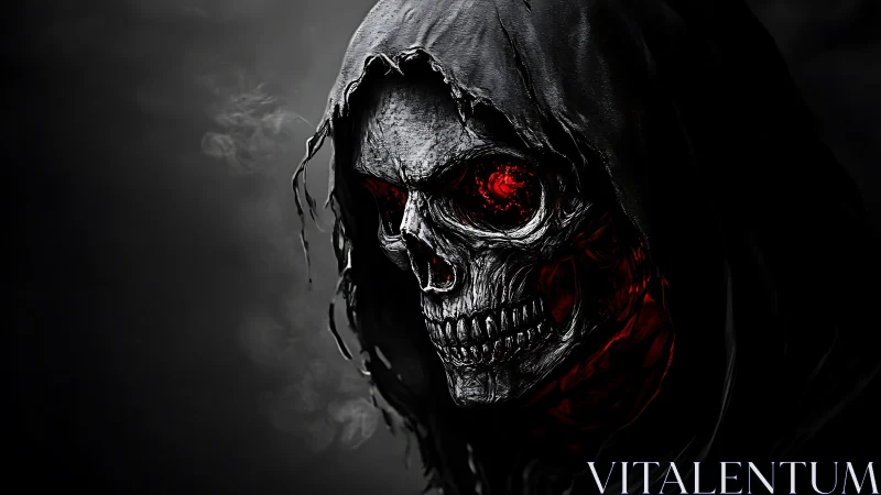 Hooded skeletal figure with illuminated red eyes is rendered