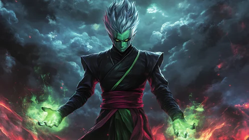 Mystic humanoid figure with glowing green energy in storm.