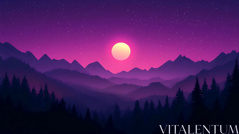 Neon dusk mountains with glowing full moon over forested valley.