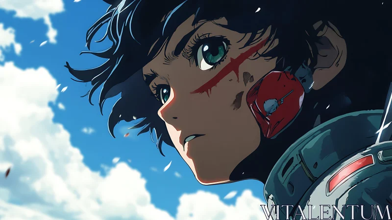 Anime pilot with facial markings gazes upward in sky scene