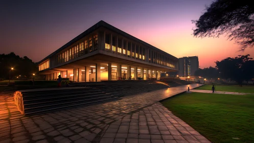 Modernist institutional library at dusk with warm interior lighting